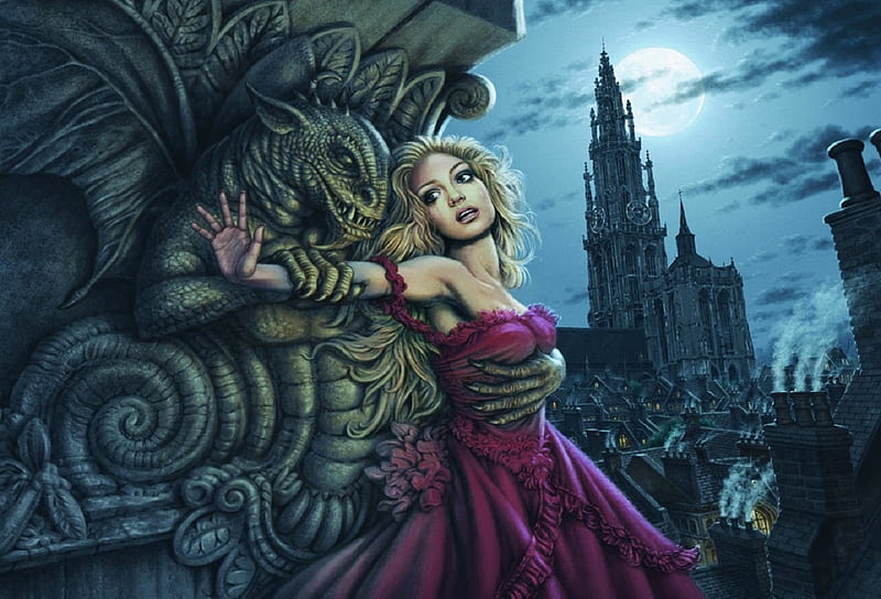 Gargoyle Embrace, gothic, dark, halloween, kathedral, digital, pretty, art, gargoyle, fantasy, moon, HD wallpaper