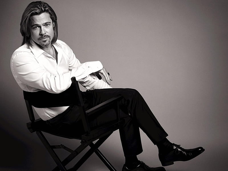 Brad Pitt, bw, black, chair, man, white, actor, HD wallpaper