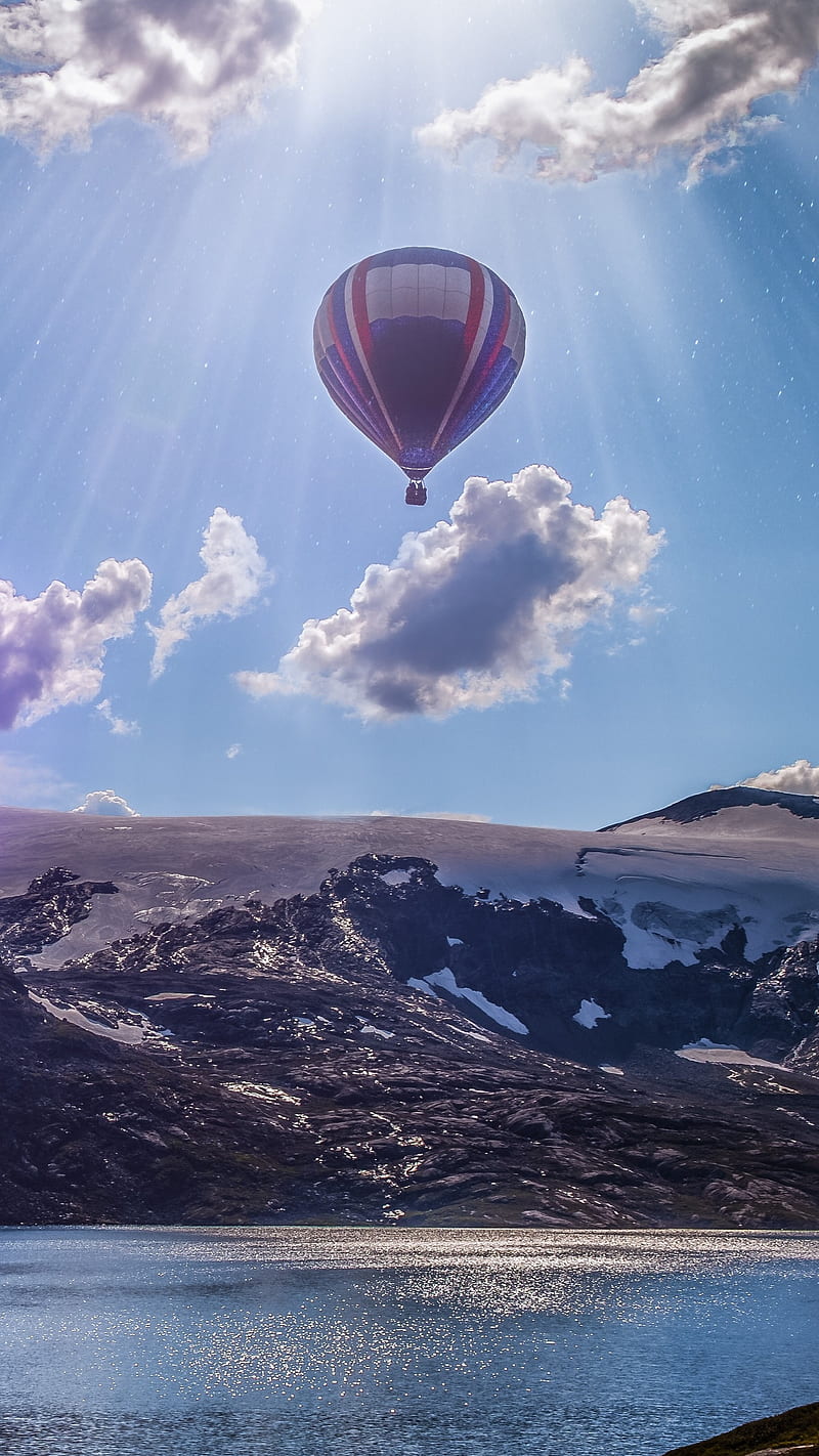 Air balloon , air balloon, norway, lake, landscape, clouds, HD phone wallpaper