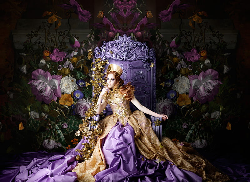 Queen, model, woman, tale, girl, throne, purple, flower, alexia sinclair, HD wallpaper