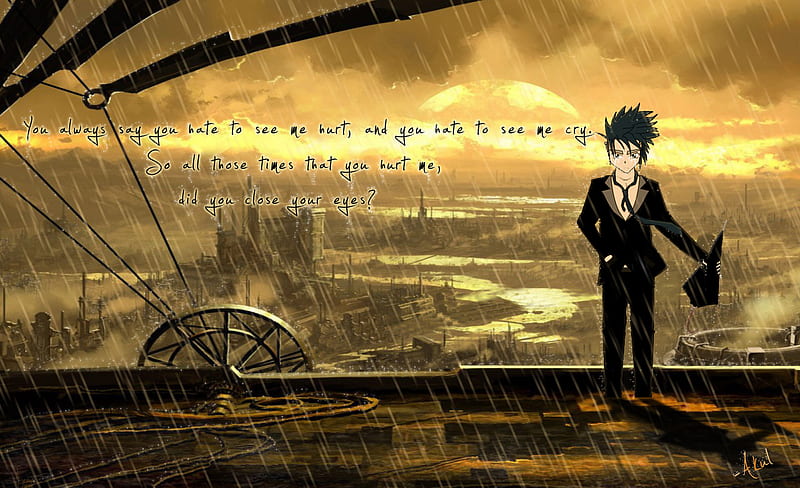 Sad Rain, guy, umbrella, akul, tie, water, crying, future, anime, tuxedo, sad, rain, cry, HD wallpaper