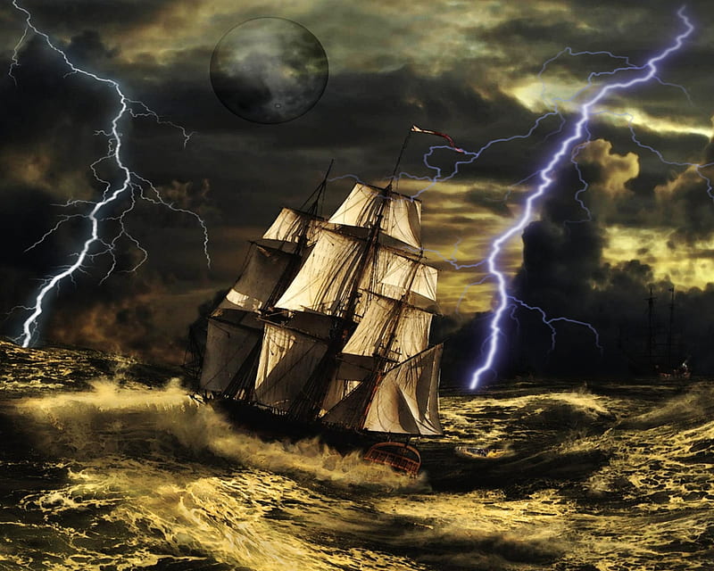 pirate ship, lightening, nature, new, ocean, sea, storm, weather, HD wallpaper