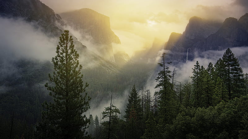 Beautiful Cloud Covered Trees And Mountain With Sunbeam Nature, HD wallpaper