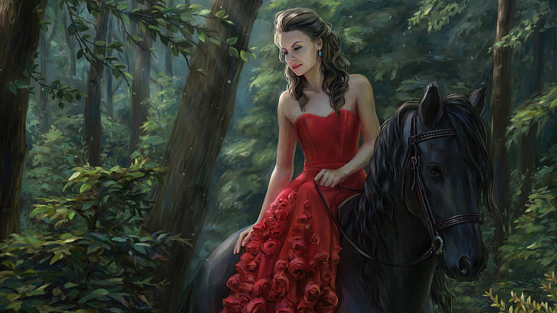 Red Dress Ancient Girl On Horse , red-dress, horse, artist, artwork, digital-art, forest, artstation, HD wallpaper