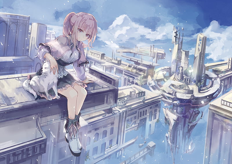 Floating City, Fantasy World, Anime Girl, Pink Hair, Dog, HD wallpaper