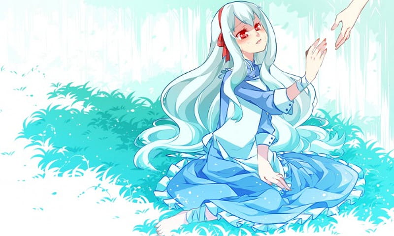 Don't Cry Mary, vocaloid, dress, imagination forest, white hair, kagerou project, kozakura mary, anime, tears, barefoot, red eyes, HD wallpaper