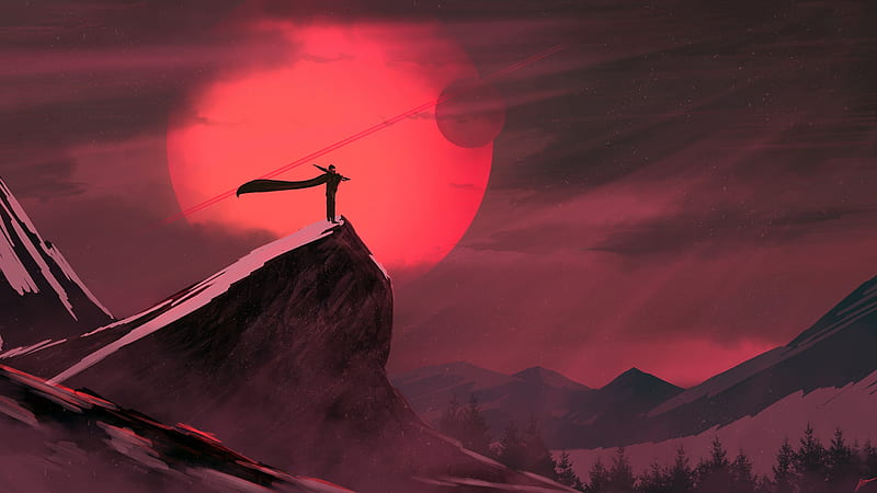 sci-fi landscape, edge, red moon, cape, standing man, Sci-fi, HD wallpaper