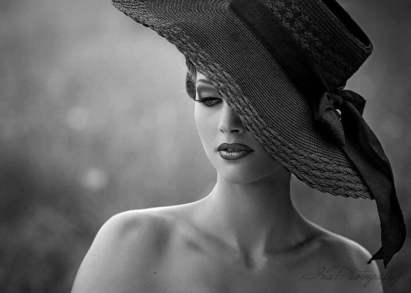 Lady with hat, black and white, beauty, lady, woman, hat, HD wallpaper