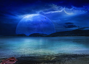 Close to the edge, moon, boat, edge, lake, blue, HD wallpaper | Peakpx