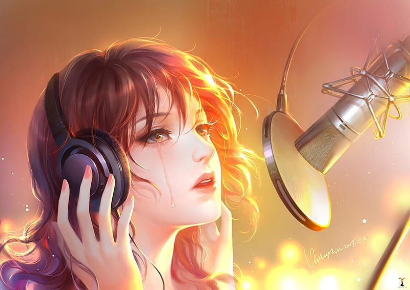 Sad song, tears, gjschoolart, face, cry, orange, singer, lightwing academy, fantasy, microphone, song, girl, HD wallpaper
