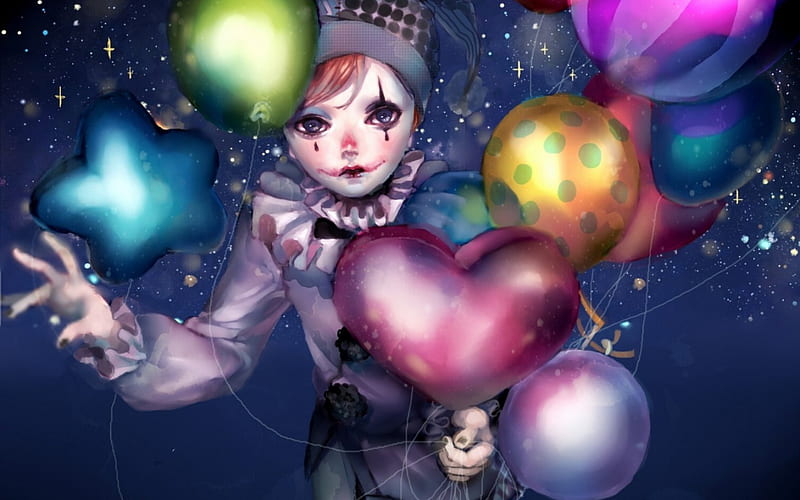 Clown, manga, valentine, balloon, girl, green, anime, heart, day, pink, blue, HD wallpaper
