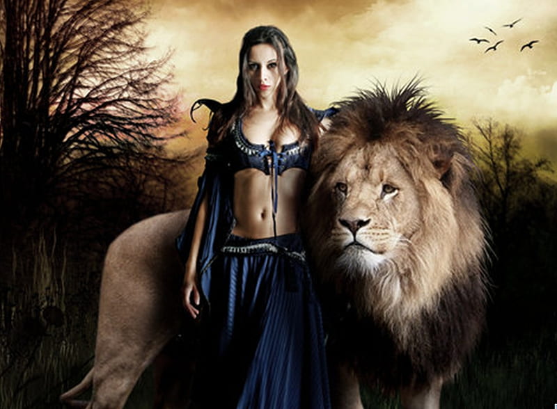 Leo, trust, female, safe, woman, lion, fantasy, girl, bond, majestic, HD wallpaper