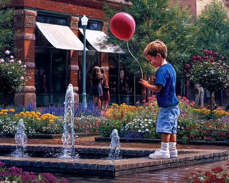 Fountains, pond, house, boy, flowers, blossoms, garden, artwork, HD wallpaper