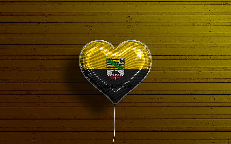 I Love Saxony-Anhalt realistic balloons, yellow wooden background, States of Germany, Saarland flag heart, flag of Saxony-Anhalt, balloon with flag, German states, Love Saxony-Anhalt, Germany, HD wallpaper
