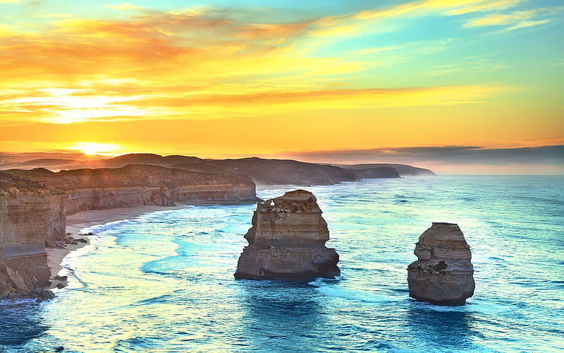 Australia, sunset, coast, ocean, bright sun, sky, rocks, HD wallpaper