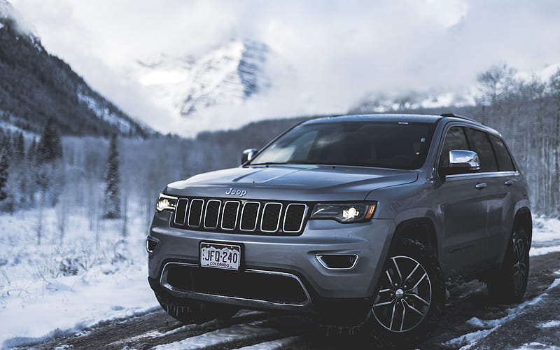 Jeep Grand Cherokee SRT, 2017 gray SUV, USA, mountain landscape, winter, snow, American cars, Jeep, HD wallpaper