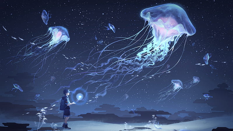 :), boy, luminos, anime, manga, summer, jellyfish, pink, blue, HD wallpaper