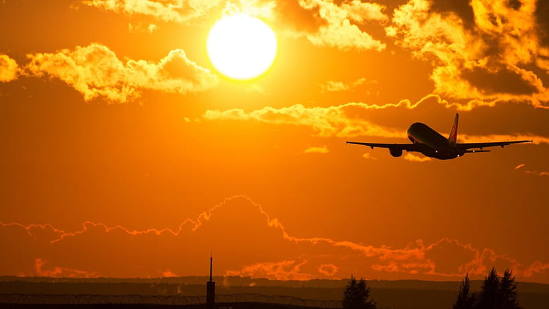 airplane take off in sunrise