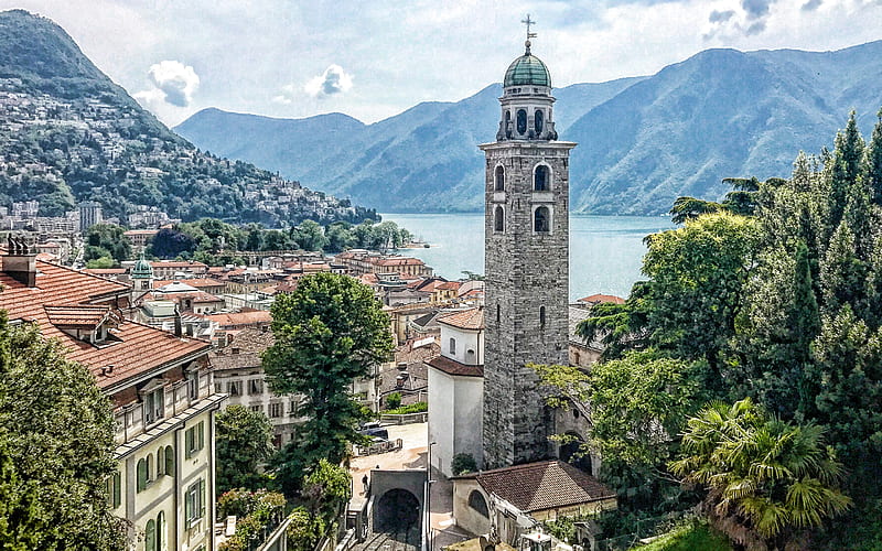 Lugano, swiss city, mountain lake, church, mountain landscape, Ticino, Switzerland, HD wallpaper
