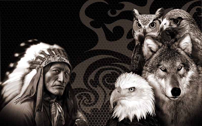 Animal Keeper, owl, fantasy, tribal, eagle, hawk, native, wolf, animals, HD wallpaper