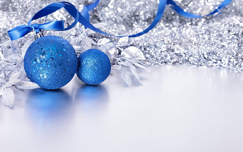 blue christmas balls, New Year, 2018, Christmas, concept, decoration, blue silk ribbon, HD wallpaper