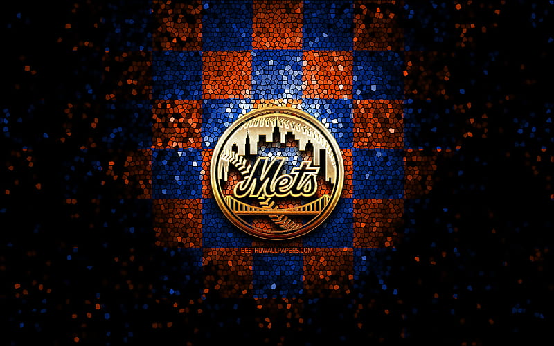 New York Mets, glitter logo, MLB, blue orange checkered background, USA, american baseball team, New York Mets logo, mosaic art, baseball, America, NY Mets, HD wallpaper