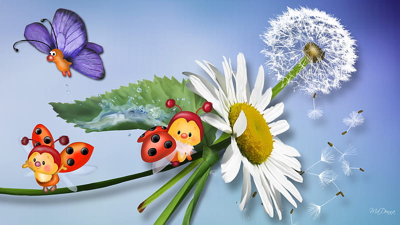 A Bugs Life, firefox persona, bug, ladybug, dandelion, butterfly, whimsical, flower, lady bug, fluff, blue, HD wallpaper