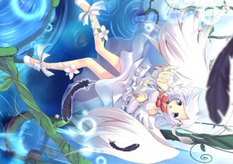 Feather, fallen, girl, anime, angel, HD wallpaper