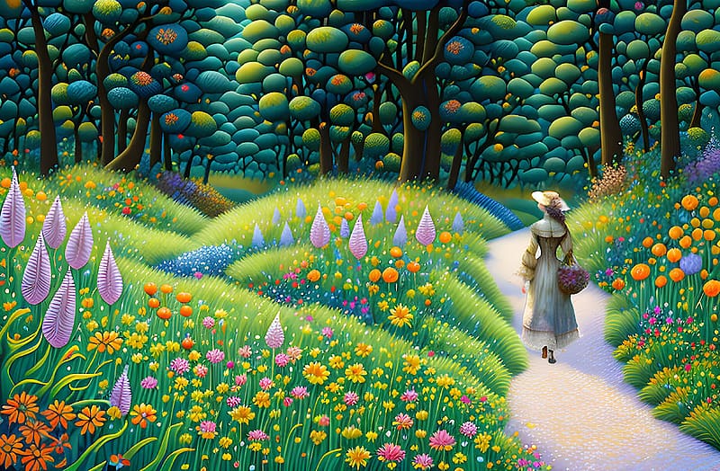 Landscape, abstract, fantasy, path, field, girl, flowers, illustration, forest, HD wallpaper