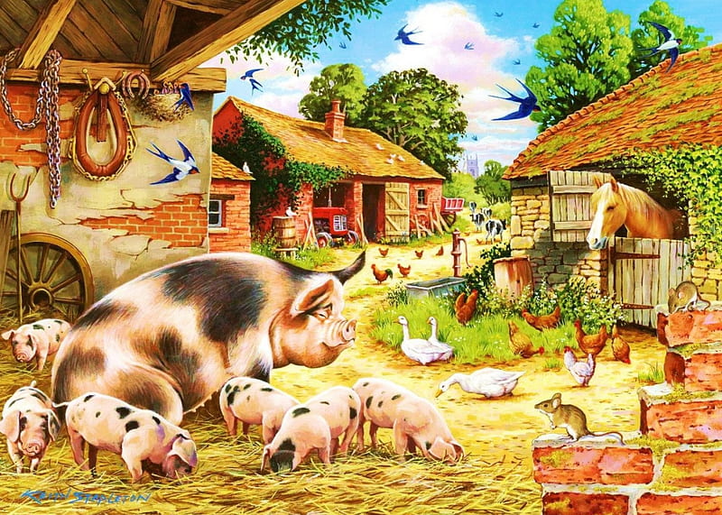 At The Farmyard, painting, pigs, stable, artwork, HD wallpaper