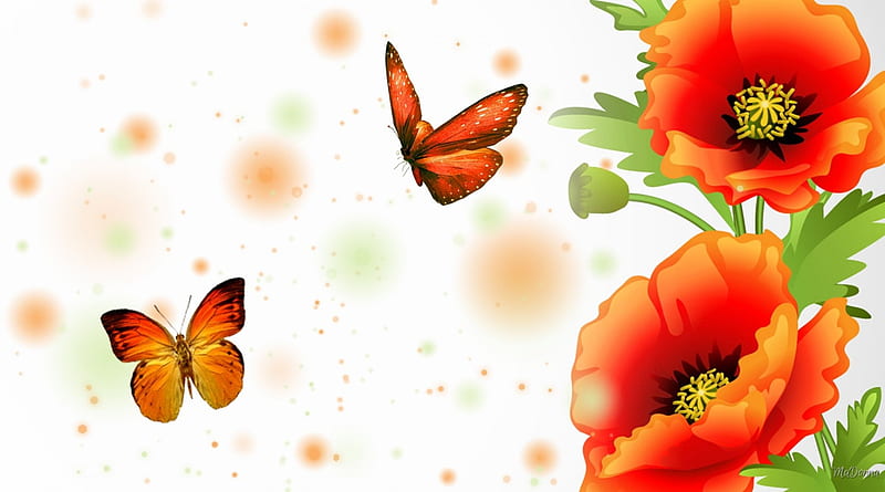 Bright Poppies, fall, autumn, wild flowers, orange, poppies, butterflies, spring, floral, bokeh, bright, summer, flowers, HD wallpaper