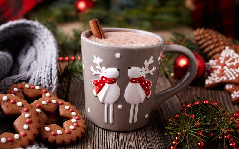 Merry Christmas!, red, craciun, christmas, food, sweet, dessert, card, cookies, cup, cocoa, reindeer, white, wood, HD wallpaper