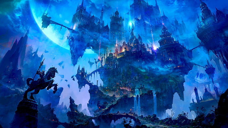 fantasy castle, knight, waterfall, magical, Fantasy, HD wallpaper