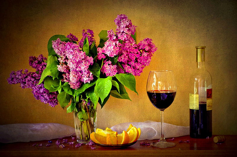 Lilacs And Lemons, table, white fabric, vase, lilacs, pink lilacs, still life, wine bottle, flowers, wineglass, lemons, lemon slices, HD wallpaper