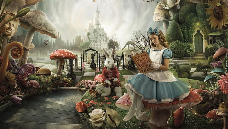 Alice, girl, blue, dress, fantasy, mushroom, wonderland, HD wallpaper