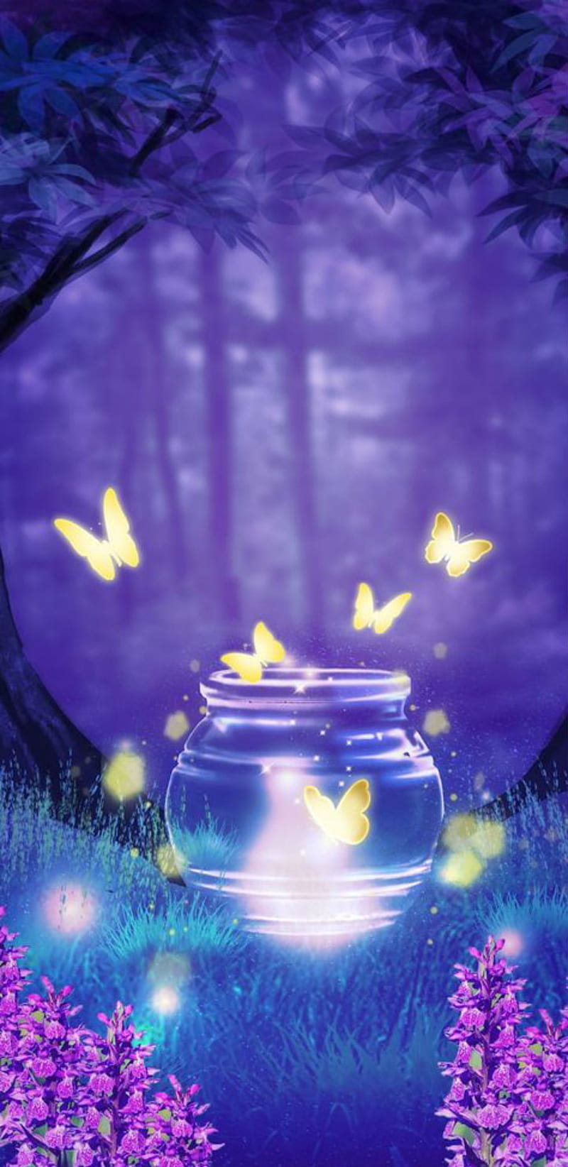 Butterfly jar, butterflies, glow, night, forest, flowers, fantasy, magical, nature, HD phone wallpaper