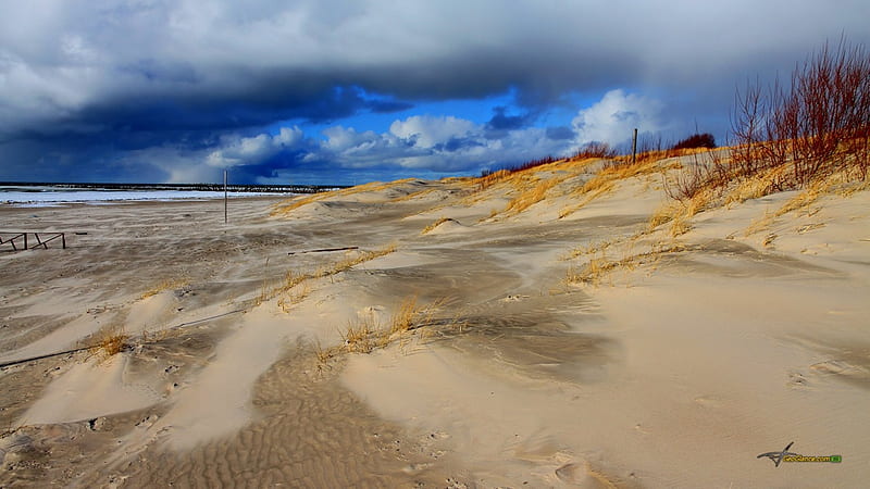 beach after a storm, beach, grass, pier, clouds, sea, HD wallpaper