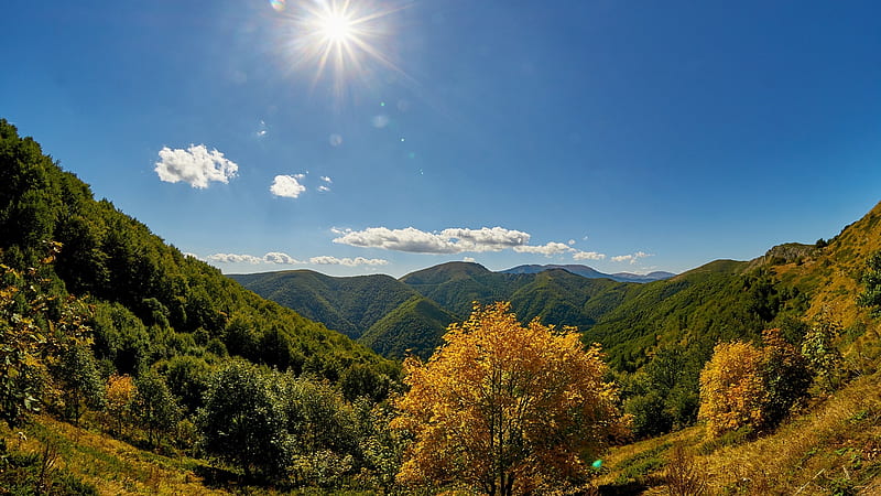 Central Balkan NP, Bulgaria, hills, autumn, trees, landscape, clouds, sky, mountains, sun, HD wallpaper