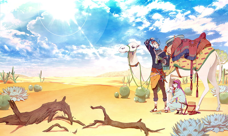 Anime, Original, Boy, Cactus, Camel, Desert, Sky, HD wallpaper