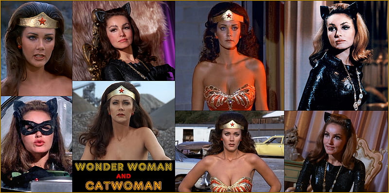 Actresses Julie Newmar as Catwoman and Lynda Carter as Wonder Woman, Catwoman, Wonder Woman, Lynda Carter, Julie Newmar, HD wallpaper