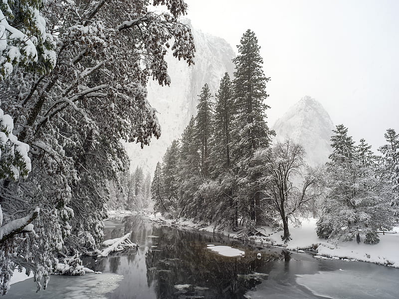 river, trees, snow, mountains, landscape, winter, HD wallpaper