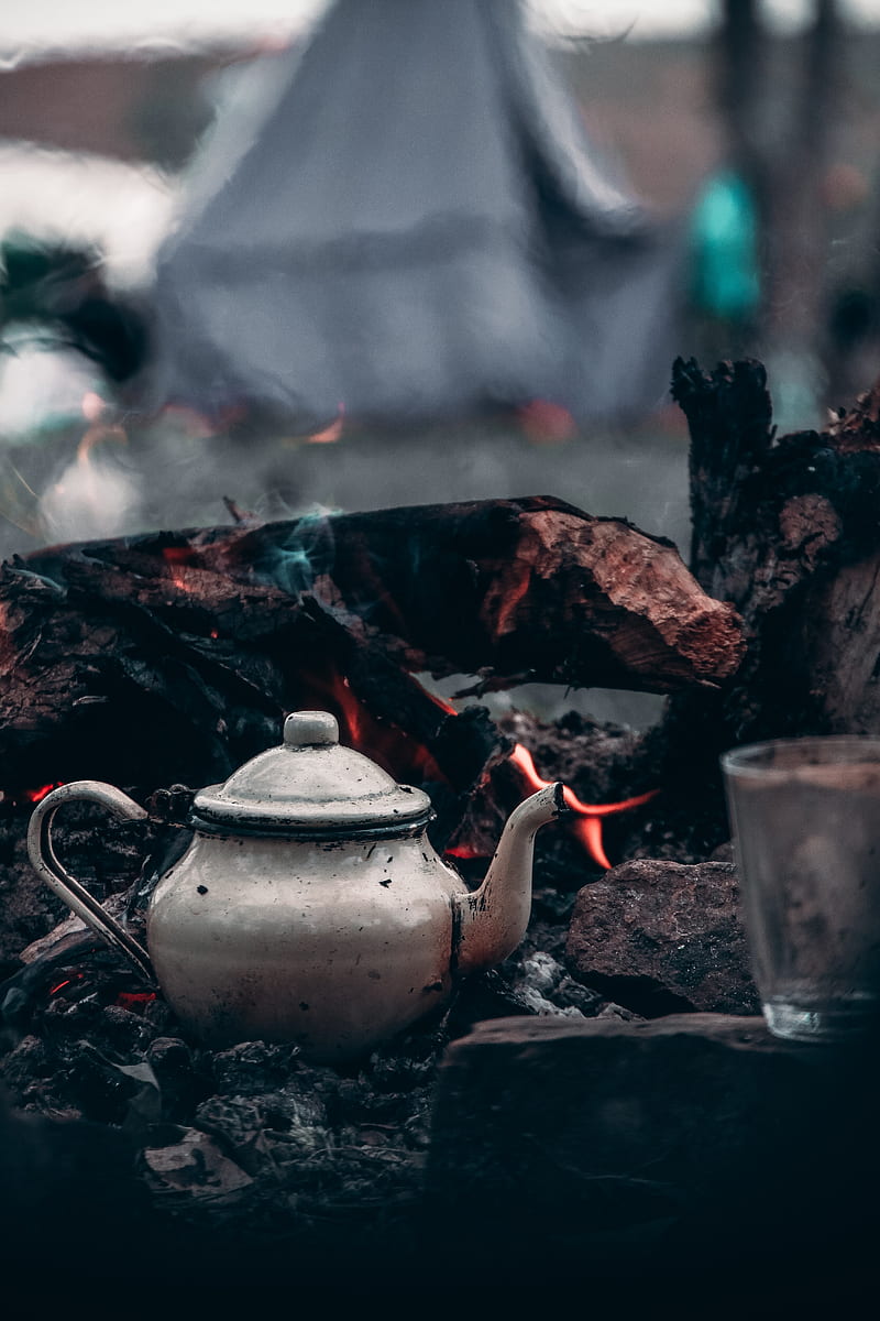 kettle, bonfire, logs, fire, camping, HD phone wallpaper