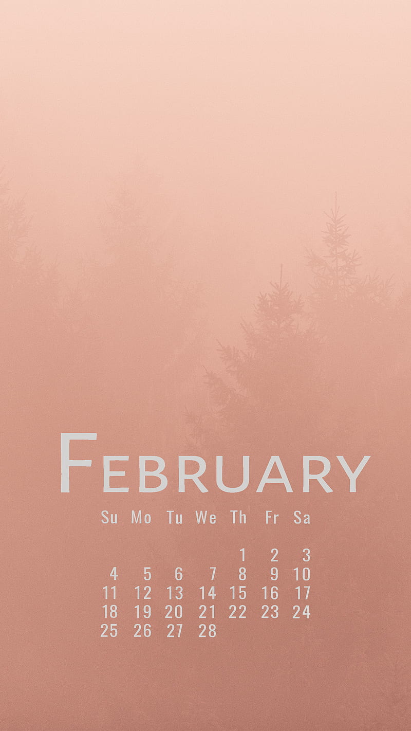 Peachy February, 2018, calendar, february, peach, pink, trees, HD phone wallpaper