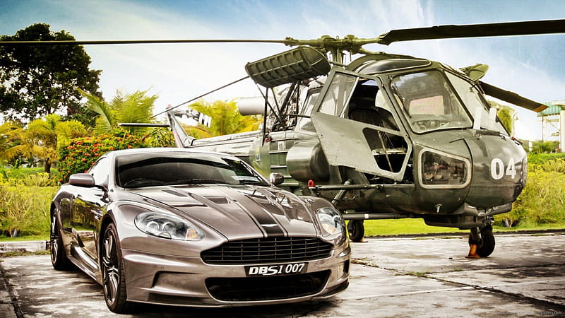 an aston martin dbs next to a helicopter r, r, tarmac, helicopter, car, HD wallpaper