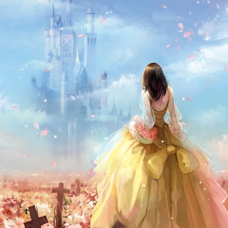 women, castle, sky, dress, HD phone wallpaper