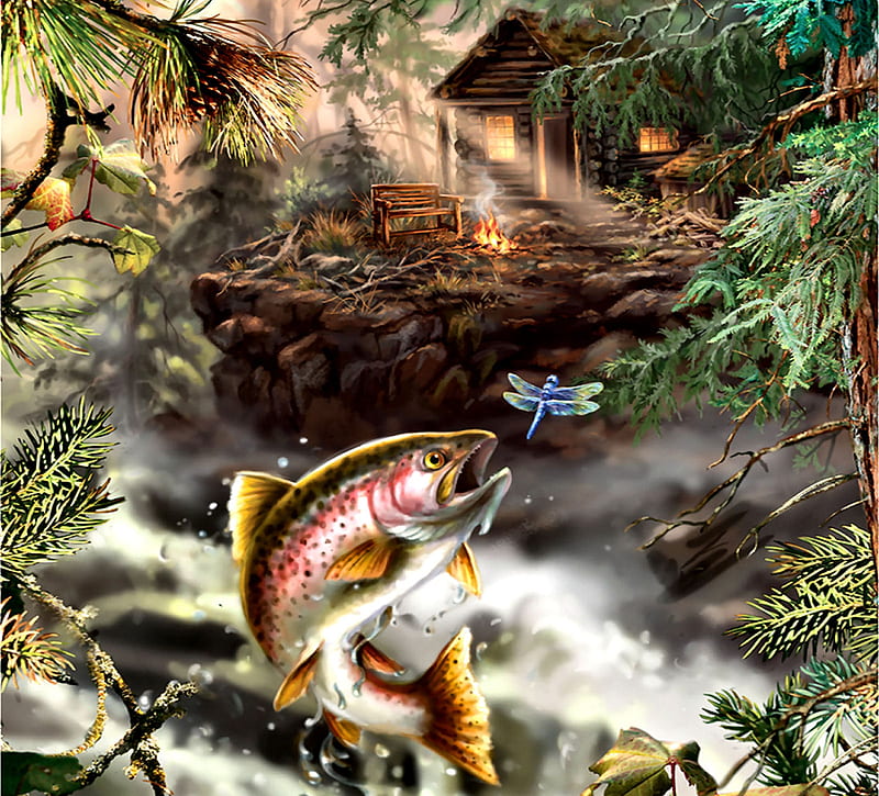 Mountain Hideaway, art, fish, bonito, illustration, artwork, mountain, painting, wide screen, rainbow trout, dragonfly, trout, hideaway, HD wallpaper