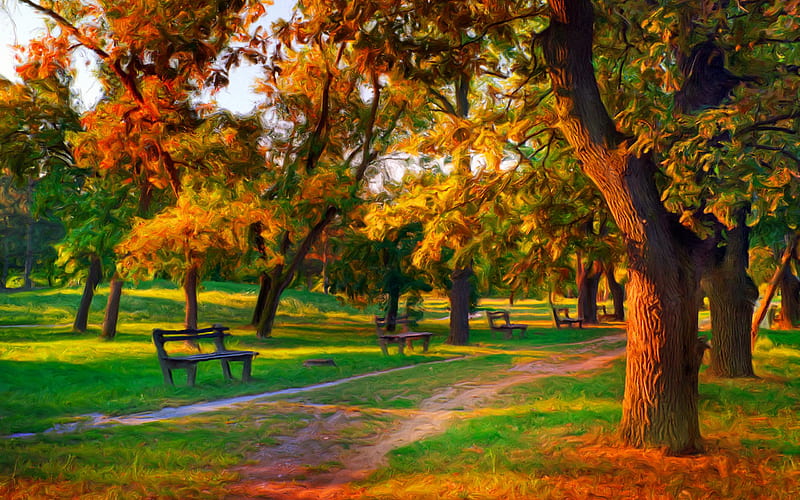 Autumn Colors, pretty, grass, autumn leaves, magic, splendor, path, beauty, art, lovely, romance, park, sky, trees, landscape, fall, colorful, autumn, bonito, leaves, green, painting, way, road, romantic, view, bench, colors, tree, benches, peaceful, nature, walk, HD wallpaper