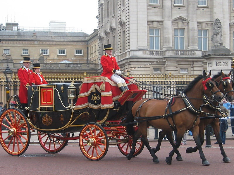 Carriage during London vacation, red, graphy, brown, horses, carriage, HD wallpaper