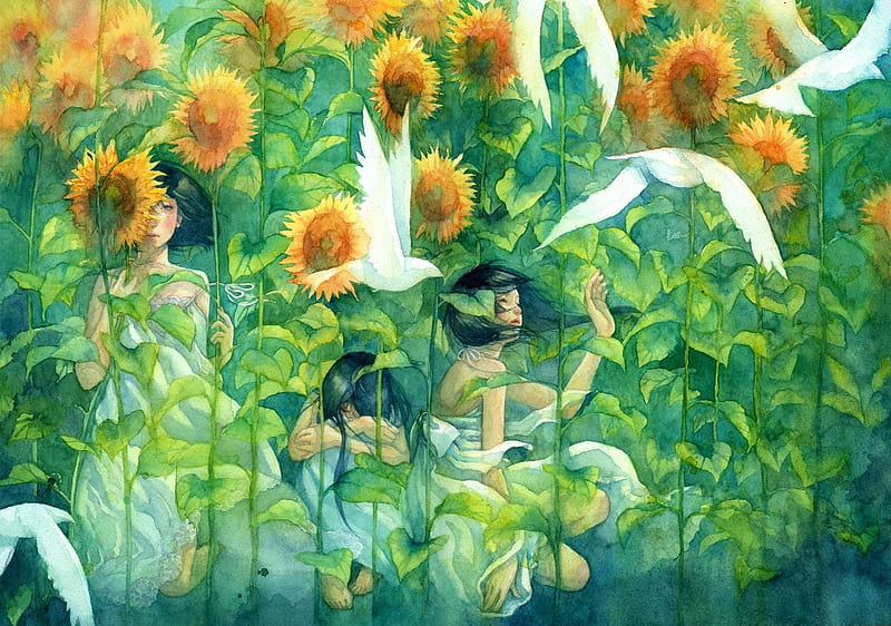 Sunflower field, art, luminos, manga, yellow, sunflower, fantasy, girl, green, bird, anime, summer, white, field, shuka taupe, HD wallpaper