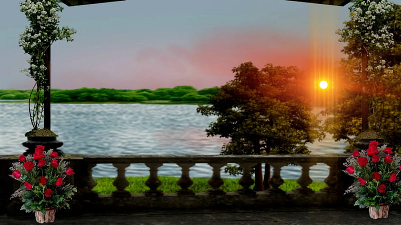~*~ Balcony View ~*~ nature, sunset, roses, trees, lake, landscape, HD wallpaper